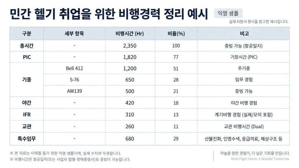 민간 헬기 취업을 위한 총시간 PIC 기종 야간 IFR 교관 특수임무 비행경력 정리 예시