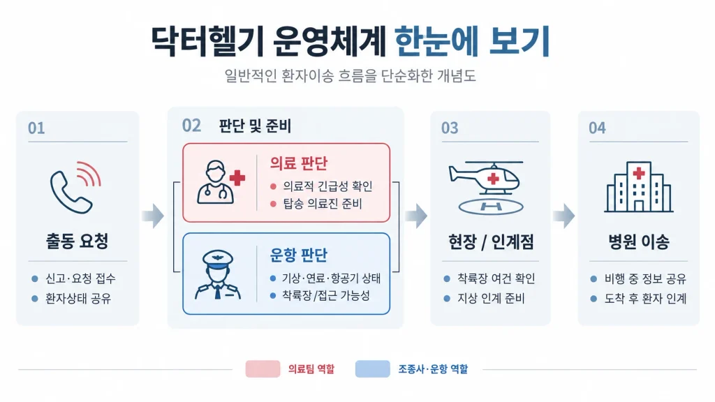 닥터헬기 출동 요청부터 의료 판단과 운항 판단, 현장 인계점, 병원 이송까지의 흐름