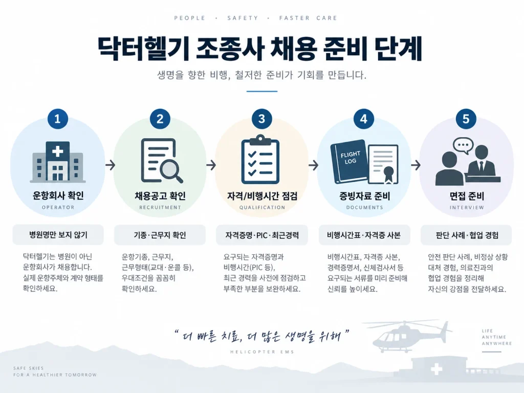 운항회사 확인부터 채용공고, 자격과 비행시간, 증빙자료, 면접까지 닥터헬기 조종사 취업 준비 5단계
