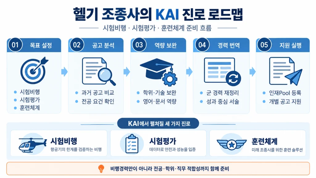 헬기 조종사가 KAI 시험비행, 시험평가, 훈련체계 분야를 준비하는 5단계 진로 로드맵 인포그래픽