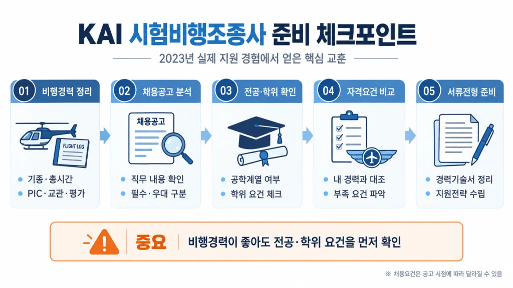 KAI 시험비행조종사 지원 전에 비행경력, 채용공고, 전공·학위, 자격요건, 서류전형을 확인하는 체크포인트 인포그래픽