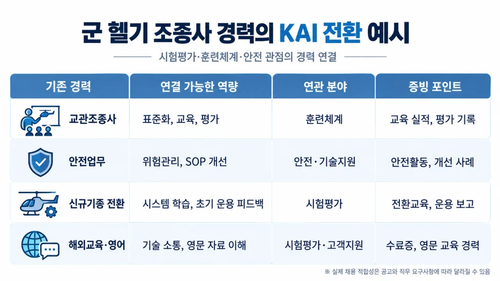 군 헬기 조종사의 교관, 안전, 신규기종 전환, 해외교육 경험을 KAI 관련 역량으로 연결한 표형 인포그래픽